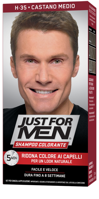 JUST FOR MEN SHAMPOO COLORANTE H35 CASTANO MEDIO ATTIVATORE CHIARO 38,5 ML + BASE COLORE 27,5 ML - Farmacia Murachelli Di Putelli dr. Giovanni