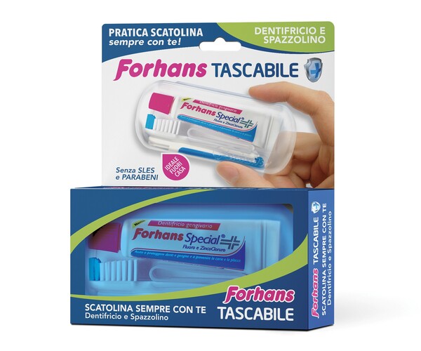 FORHANS TRAVEL KIT TASCABILE COMPOSTO DA SPAZZOLINO DA VIAGGIO + FORHANS SPECIAL PASTA DENTIFRICIA TUBETTO 12,5 ML - Farmacia Murachelli Di Putelli dr. Giovanni