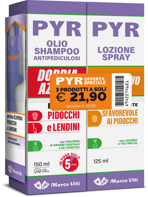 PYR ABB OLIO SHAMPOO ANTIPEDICULOSI + 1 OLIO SHAMPOO DOPPIA AZIONE + 1 LOZIONE SPRAY + 1 PETTINE LENDINI - Farmacia Murachelli Di Putelli dr. Giovanni