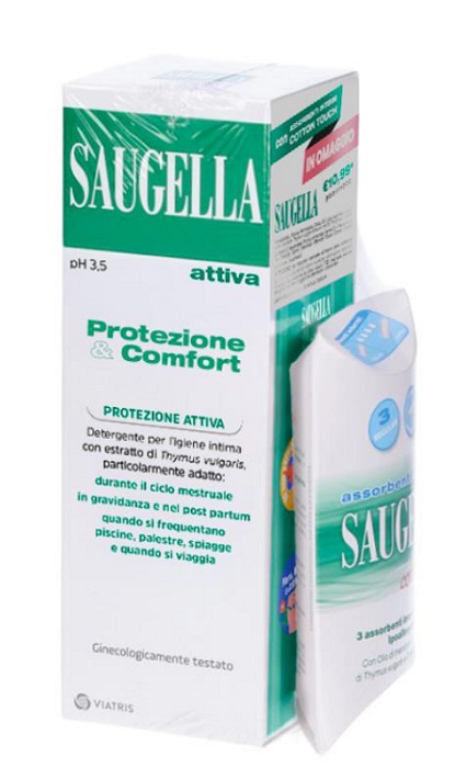 SAUGELLA PROTEZIONE&COMFORT BUNDLE 1 ATTIVA 250 ML + 3 ASSORBENTI INTERNI REGULAR IN OMAGGIO + GADGET STICKERS MOTIVAZIONALI - Farmacia Murachelli Di Putelli dr. Giovanni