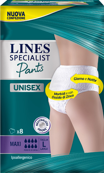 LINES SPECIALIST PANTS MAXI L X 8 PANNOLONE MUTANDINA INDOSSABILE COME NORMALE BIANCHERIA TIPO PULL-ON - Farmacia Murachelli Di Putelli dr. Giovanni