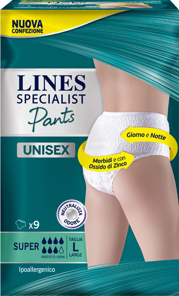 LINES SPECIALIST PANTS SUPER L X 9 PANNOLONE MUTANDINA INDOSSABILE COME NORMALE BIANCHERIA TIPO PULL-ON - Farmacia Murachelli Di Putelli dr. Giovanni