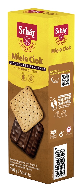 SCHAR MIELE CIOK BISCOTTI AL MIELE RICOPERTI DI CIOCCOLATO FONDENTE 3 PORZIONI DA 63,5 G - Farmacia Murachelli Di Putelli dr. Giovanni