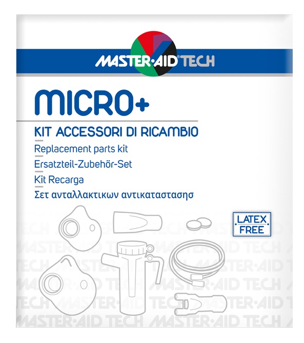MASTER AID TECH MICRO+ KIT ACCESSORI DI RICAMBIO: AMPOLLA + MASCHERA ADULTI + MASCHERA BAMBINI + 2 FILTRI ARIA + BOCCAGLIO + FORCELLA NASALE + TUBO RACCORDO PVC - Farmacia Murachelli Di Putelli dr. Giovanni