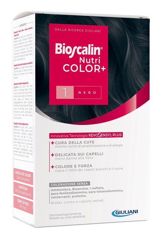 BIOSCALIN NUTRICOLOR PLUS 1 NERO CREMA COLORANTE 40 ML + RIVELATORE CREMA 60 ML + SHAMPOO 12 ML + TRATTAMENTO FINALE BALSAMO 12 ML - Farmacia Murachelli Di Putelli dr. Giovanni