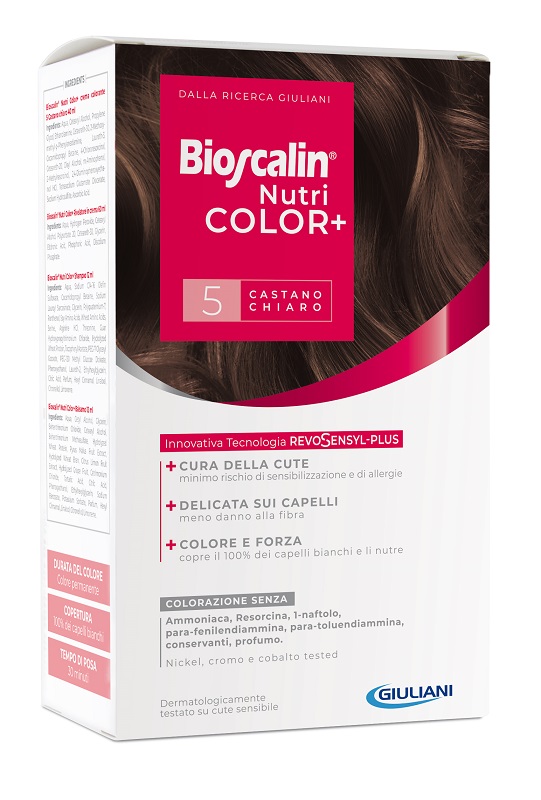 BIOSCALIN NUTRICOLOR PLUS 5 CASTANO CHIARO CREMA COLORANTE 40 ML + RIVELATORE CREMA 60 ML + SHAMPOO 12 ML + TRATTAMENTO FINALE BALSAMO 12 ML - Farmacia Murachelli Di Putelli dr. Giovanni