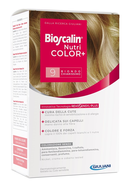 BIOSCALIN NUTRICOLOR PLUS 9 BIONDO CHIARISSIMO CREMA COLORANTE 40 ML + RIVELATORE CREMA 60 ML + SHAMPOO 12 ML + TRATTAMENTO FINALE BALSAMO 12 ML - Farmacia Murachelli Di Putelli dr. Giovanni