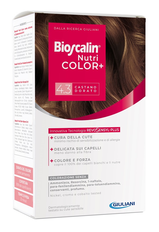 BIOSCALIN NUTRICOLOR PLUS 4,3 CASTANO DORATO CREMA COLORANTE 40 ML + RIVELATORE CREMA 60 ML + SHAMPOO 12 ML + TRATTAMENTO FINALE BALSAMO 12 ML - Farmacia Murachelli Di Putelli dr. Giovanni