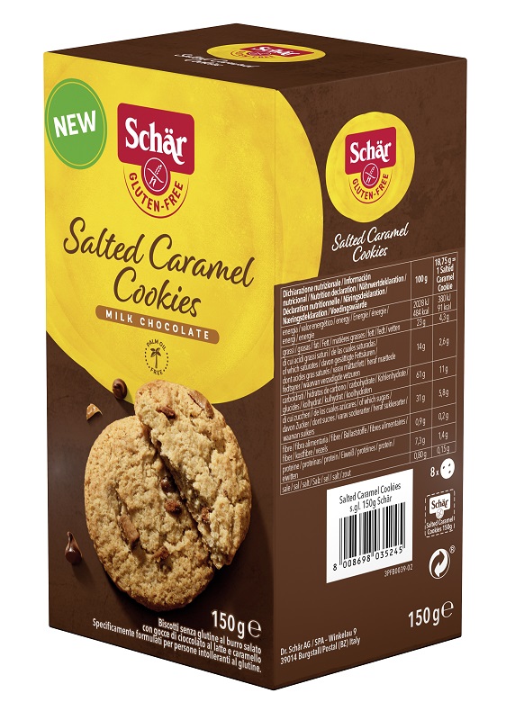 SCHAR SALTED CARAMEL COOKIES CON GOCCE DI CIOCCOLATO AL LATTE E CARAMELLO 150 G - Farmacia Murachelli Di Putelli dr. Giovanni