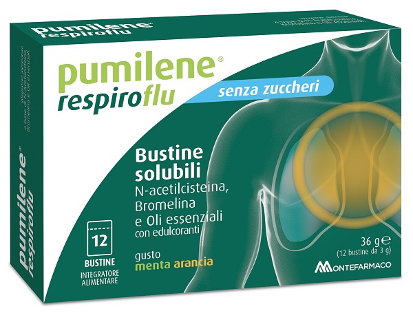 PUMILENE RESPIROFLU SENZA ZUCCHERO 12 BUSTINE GUSTO MENTA ARANCIA 36 G - Farmacia Murachelli Di Putelli dr. Giovanni