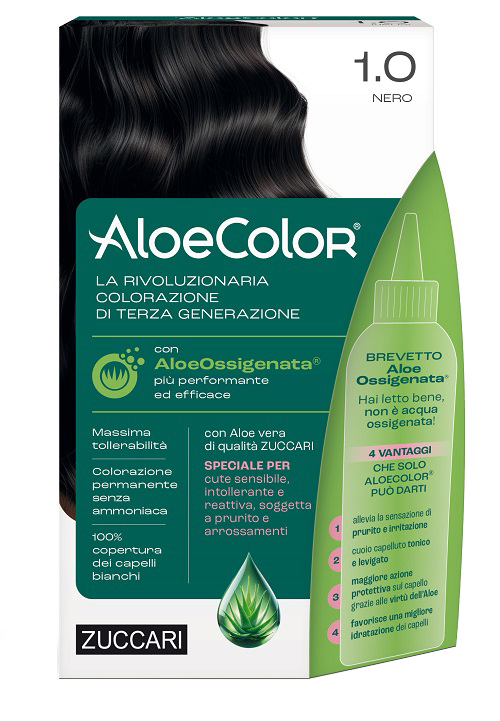 ALOECOLOR 1,0 NERO TINTA PERMANENTE CAPELLI COLORE AD ALTA PIGMENTAZIONE 50 ML + RIVELATORE ALOEOSSIGENATA 75 ML + SHAMPOO ALOECARE 15 ML + GUANTI - Farmacia Murachelli Di Putelli dr. Giovanni