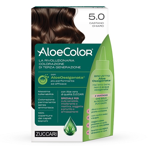 ALOECOLOR 5,0 CASTANO CHIARO TINTA PERMANENTE CAPELLI COLORE AD ALTA PIGMENTAZIONE 50 ML + RIVELATORE ALOEOSSIGENATA 75 ML + SHAMPOO ALOECARE 15 ML + GUANTI - Farmacia Murachelli Di Putelli dr. Giovanni