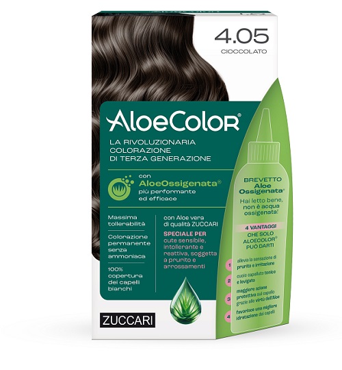 ALOECOLOR 4,05 CIOCCOLATO TINTA PERMANENTE CAPELLI COLORE AD ALTA PIGMENTAZIONE 50 ML + RIVELATORE ALOEOSSIGENATA 75 ML + SHAMPOO ALOECARE 15 ML + GUANTI - Farmacia Murachelli Di Putelli dr. Giovanni